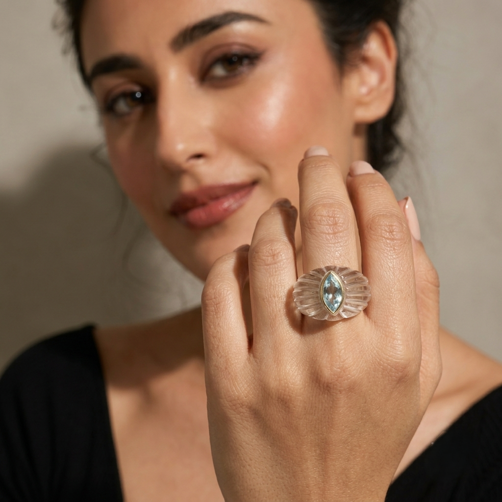 Model Wearing Fluted Rock Crystal Ring – Sky Blue Topaz Marquise in 14K Gold Bezel Lifestyle Shot
