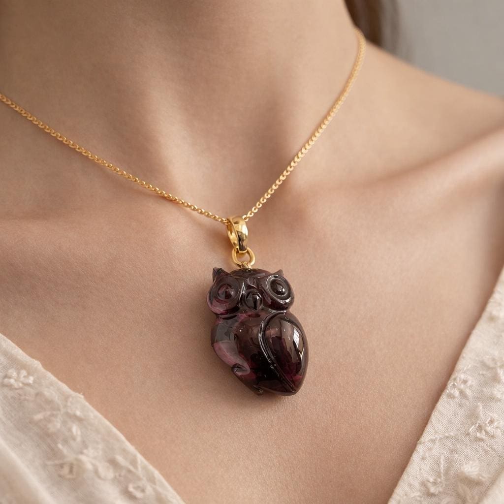 Model Wearing Garnet Owl Pendant – Hand Carved Deep Red Gemstone Owl Gold Chain Necklace
