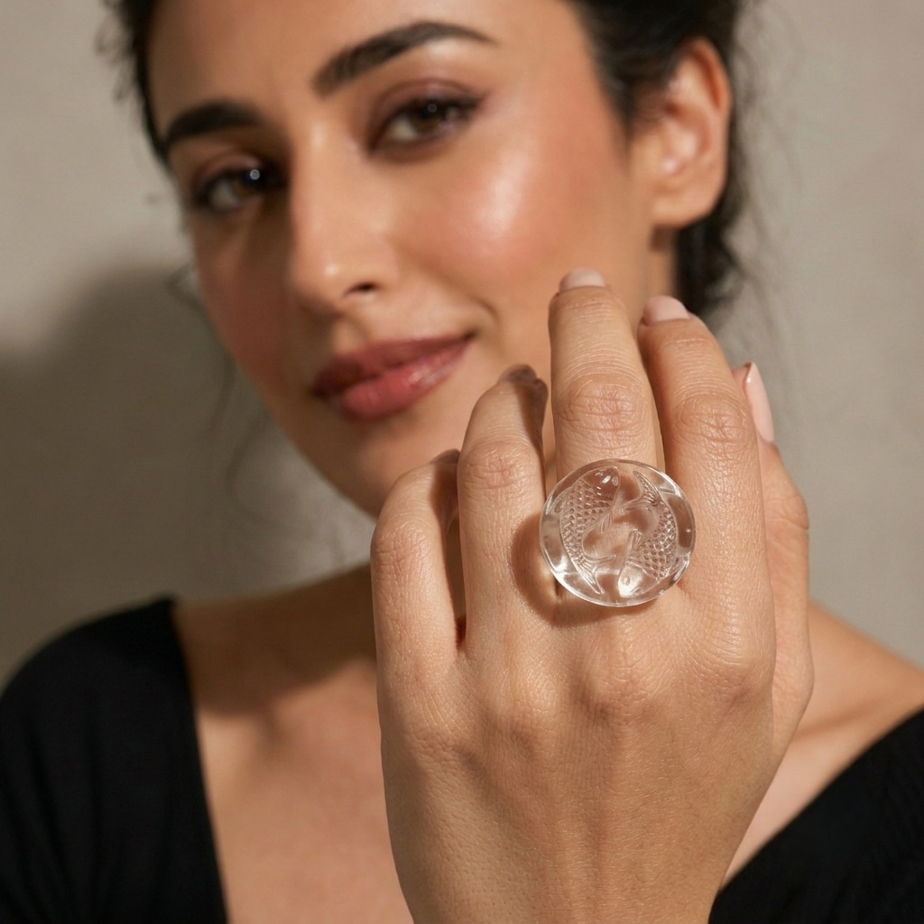 Model Wearing Rock Crystal Koi Fish Ring – Clear Quartz Carved Gemstone Cocktail Ring
