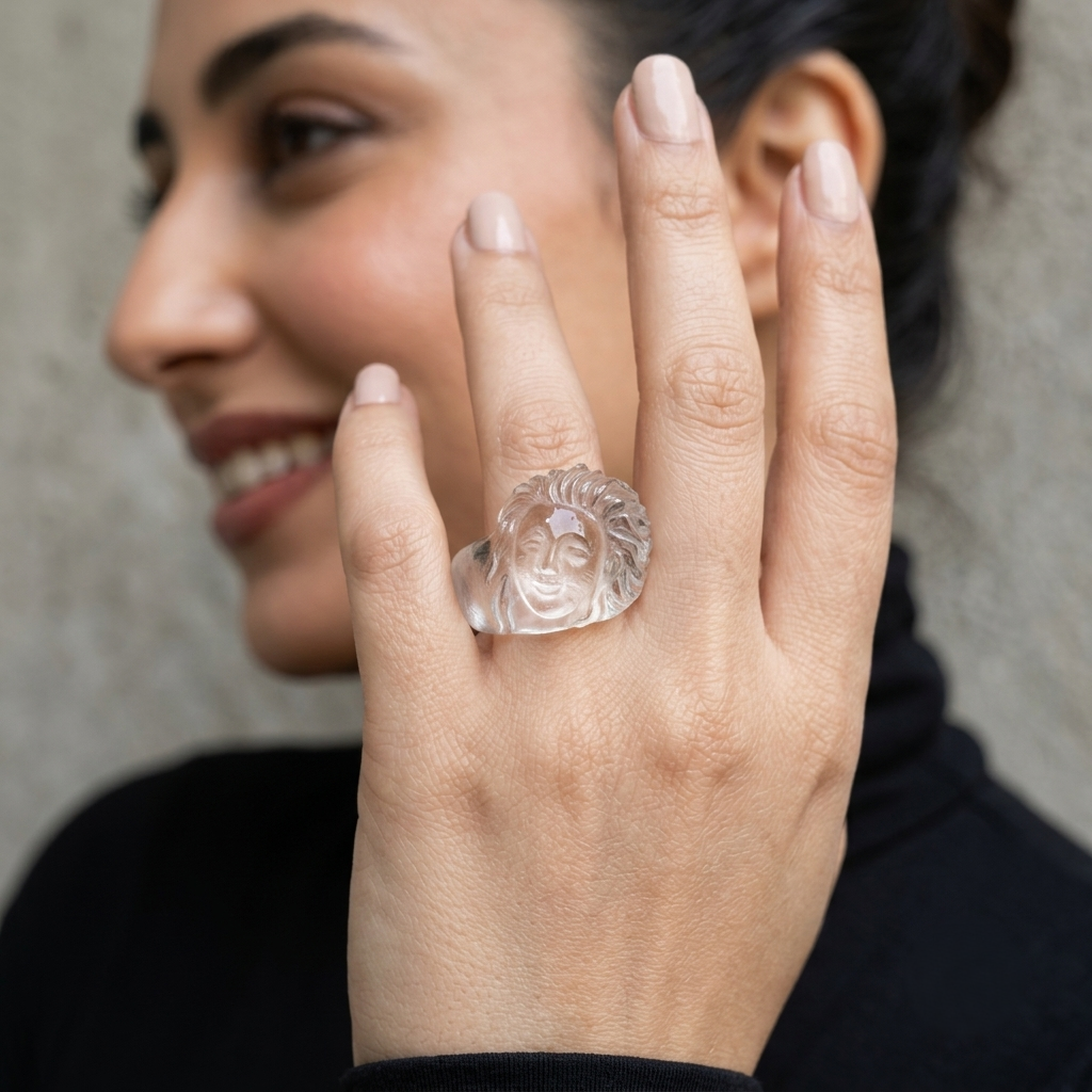 Model Wearing Rock Crystal Lady Face Ring – Clear Quartz Carved Gemstone Ring
