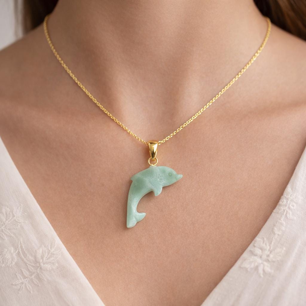 Model Wearing Larimar Dolphin Pendant – Hand Carved Aqua Caribbean Gemstone Gold Chain Necklace

