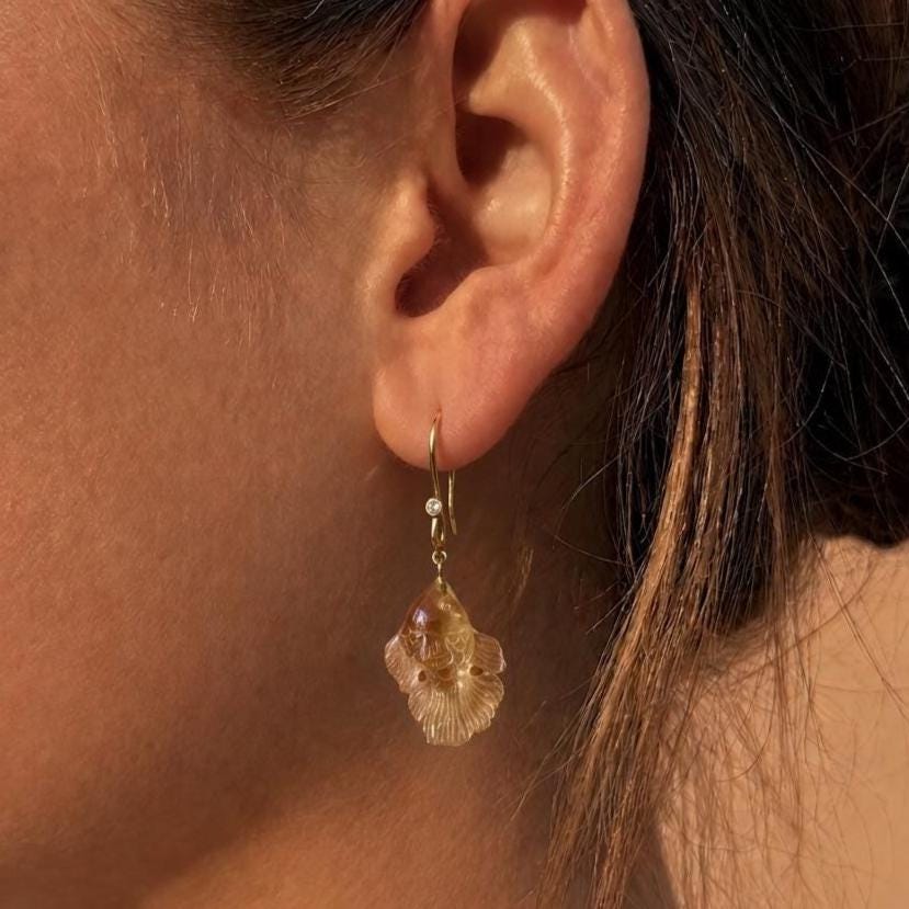 Model Wearing Lemon Quartz Fish Drop Earring – Hand Carved Gemstone 14K Gold Natural Diamond Hook
