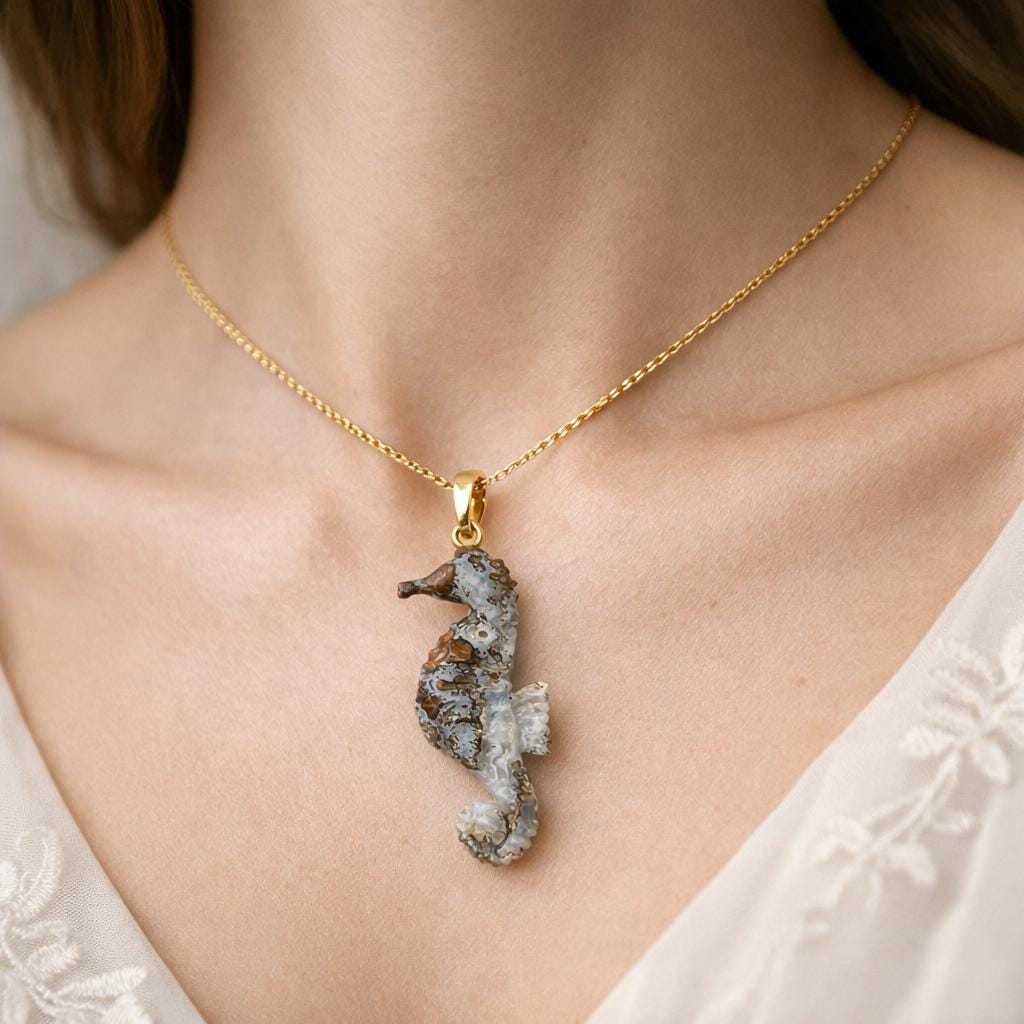 Model Wearing Plume Agate Seahorse Pendant – Pale Blue White Carved Gemstone Gold Chain Necklace
