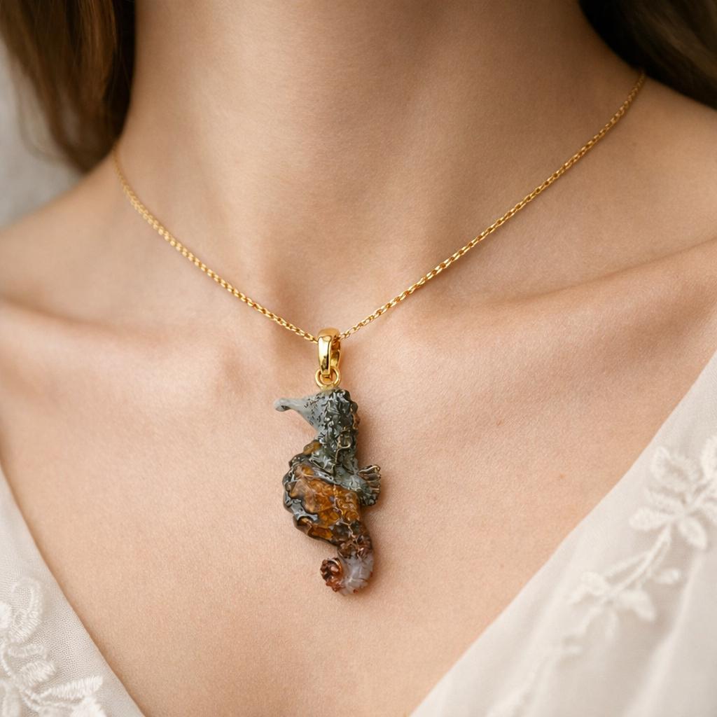 Model Wearing Plume Agate Seahorse Pendant – Hand Carved Multicolor Gemstone Gold Chain Necklace
