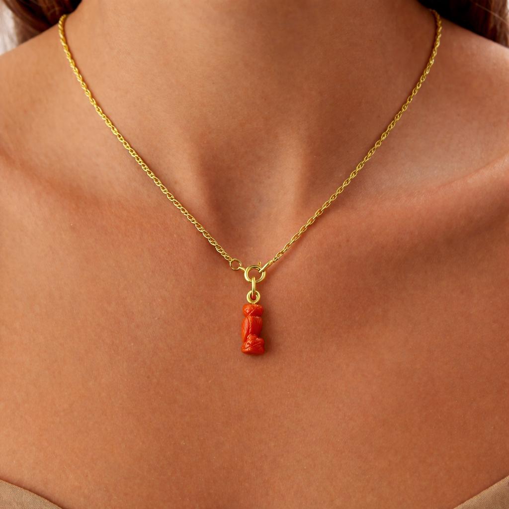 Model Wearing Red Coral Tiny Owl Pendant Charm – Hand Carved Vivid Red Gemstone Gold Chain Necklace
