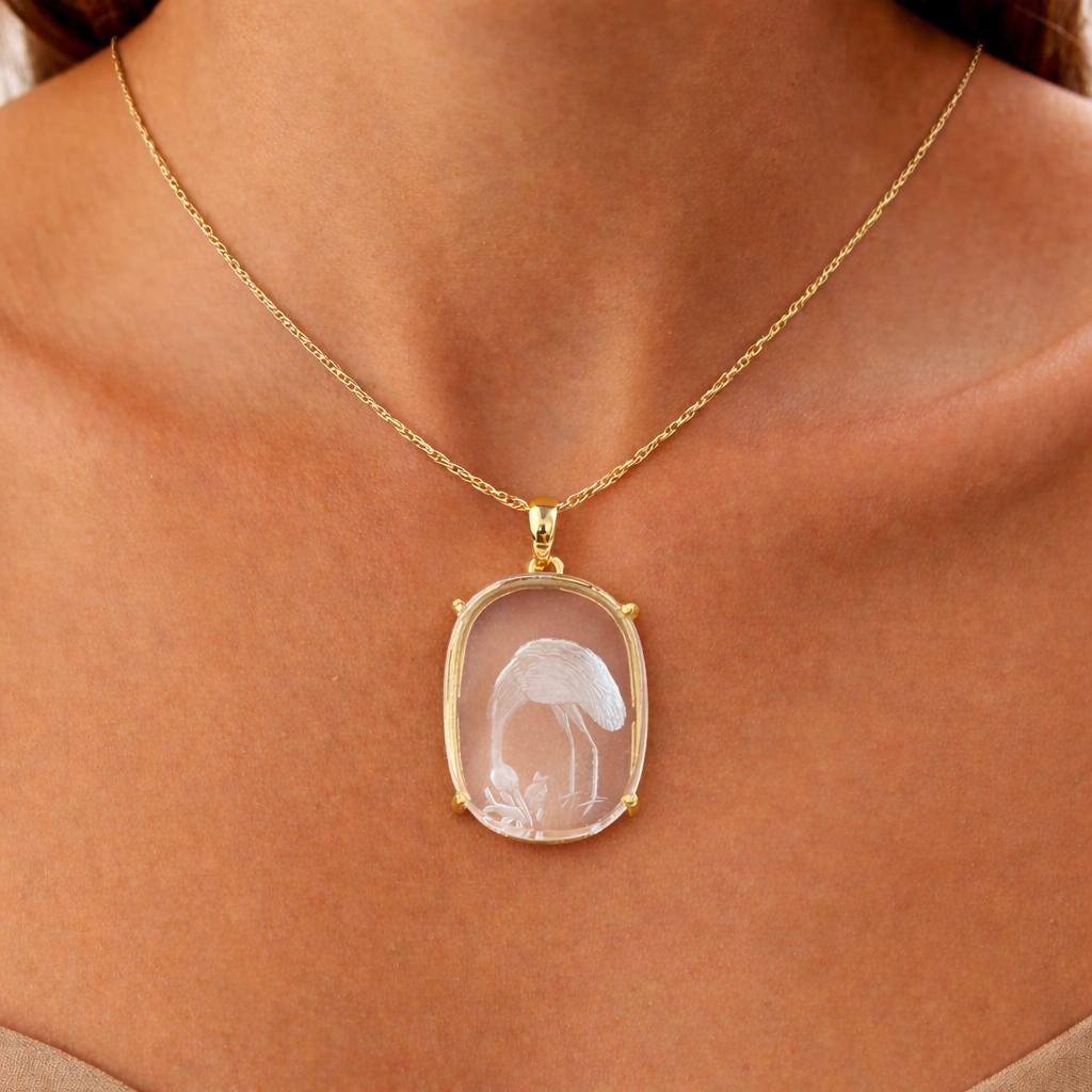 Model Wearing Rock Crystal Flamingo Intaglio Pendant – Clear Quartz Cushion Gold Bezel Necklace
