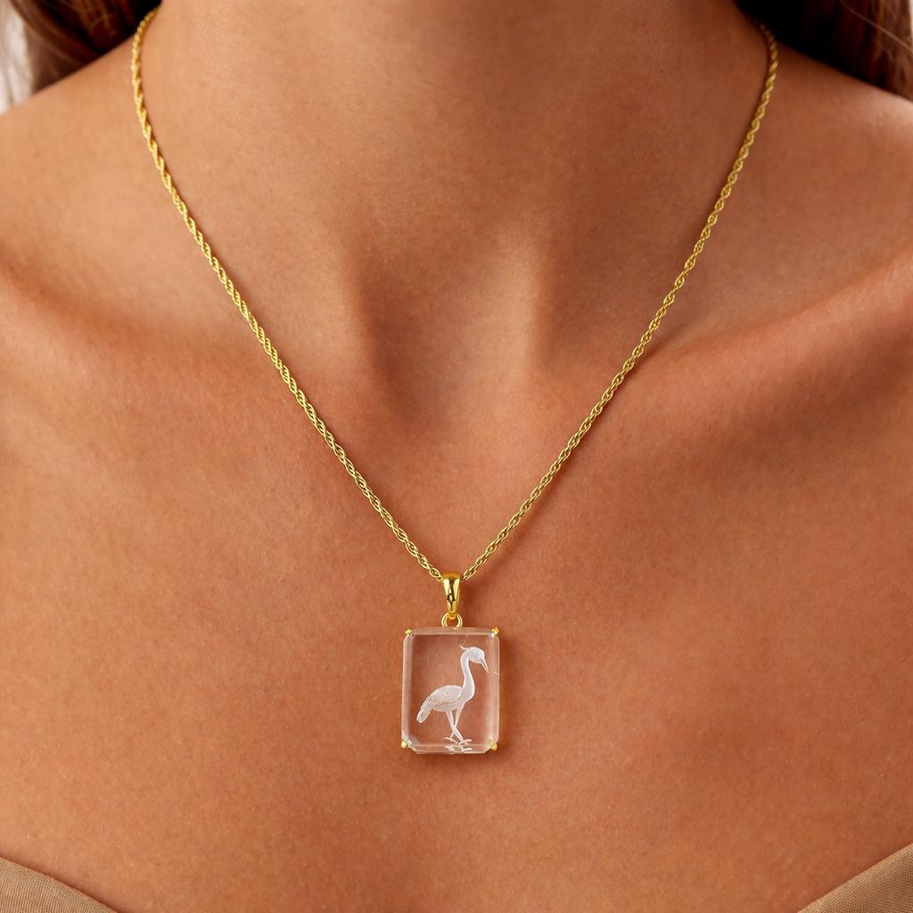 Model Wearing Rock Crystal Heron Intaglio Pendant – Emerald-Cut Clear Quartz Carved Bird Gold Necklace
