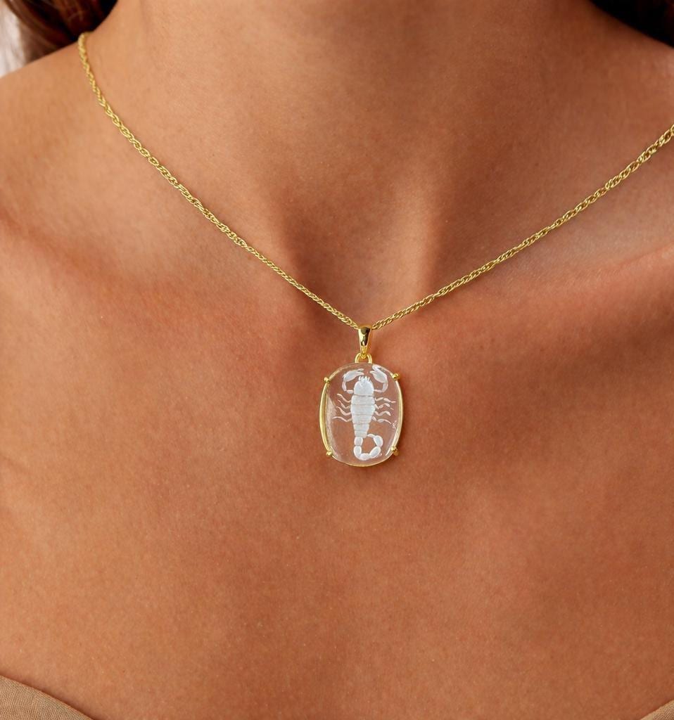 Model Wearing Rock Crystal Scorpion Intaglio Pendant – Oval Clear Quartz Carved Scorpio Gold Necklace
