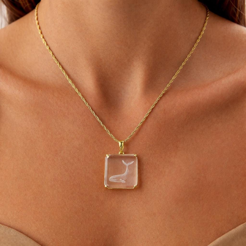 Model Wearing Rock Crystal Whale Intaglio Pendant – Square Clear Quartz Carved Humpback Gold Necklace
