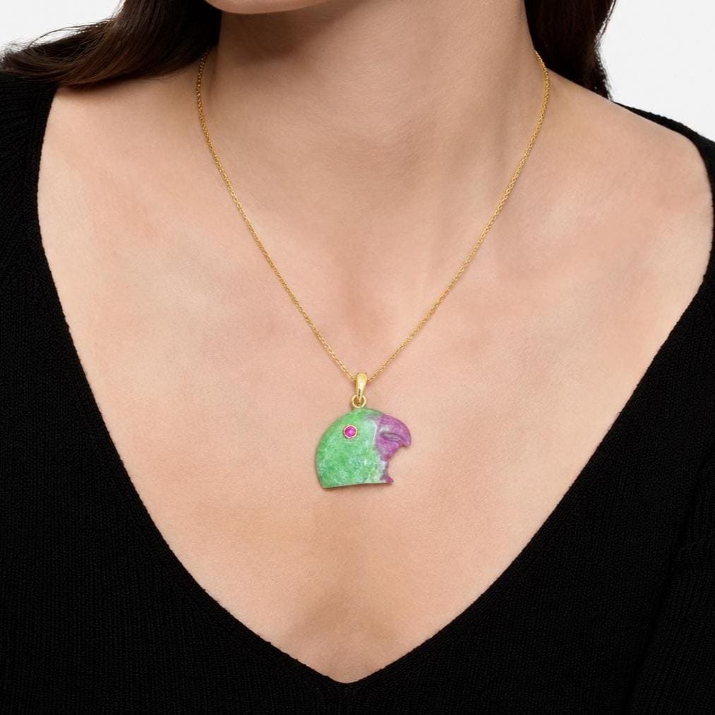 Model Wearing Ruby Zoisite Parrot Pendant – Carved Gemstone Parrot Necklace with Natural Ruby Eye
