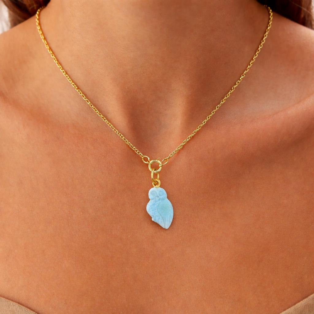 Tiny Larimar Hand Carved Owl Pendant on Gold Chain – Pale Aqua Caribbean Gemstone 3D Owl Necklace
