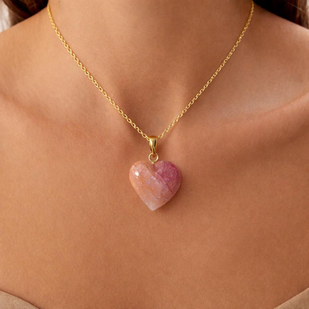 Model Wearing Pink Tourmaline Heart Pendant – Bi-Color Blush Magenta Gemstone Gold Chain Necklace

