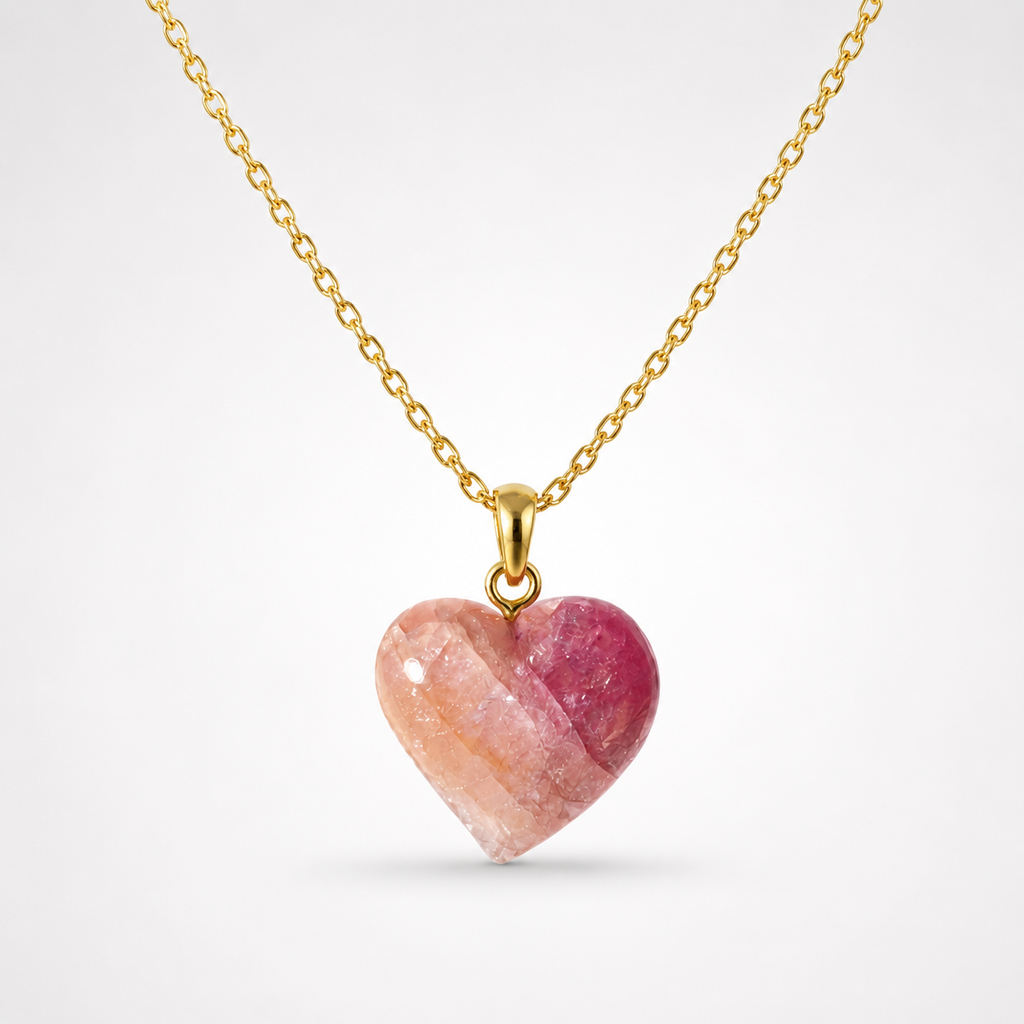 Pink Tourmaline Heart Pendant on Gold Chain – Bi-Color Blush Peach Magenta Gemstone Love Necklace
