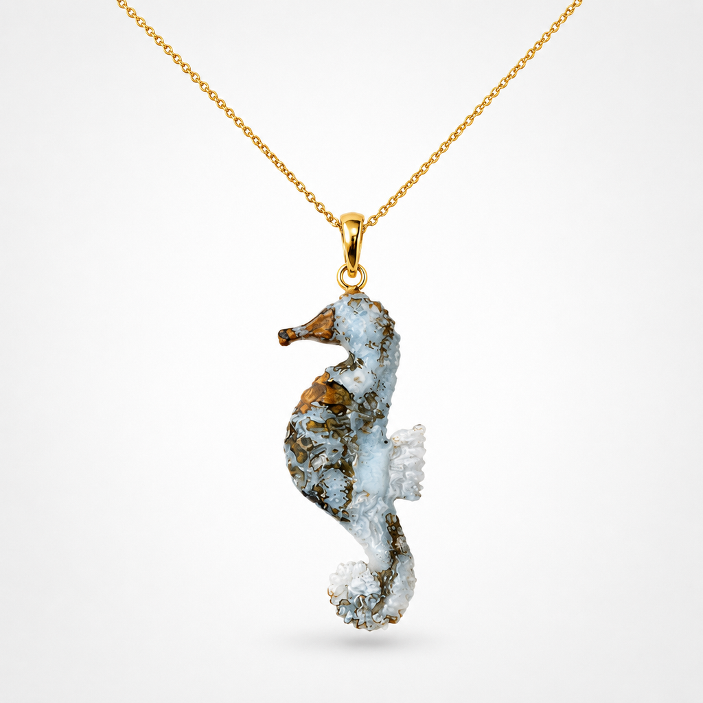 Plume Agate Seahorse Pendant on Gold Chain – Pale Blue White Carved Gemstone Seahorse Gold Bail

