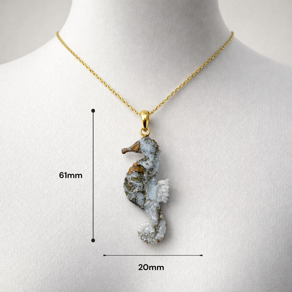 Plume Agate Seahorse Pendant Size Guide – 61mm x 20mm Pale Blue Carved Gemstone Gold Bail Necklace
