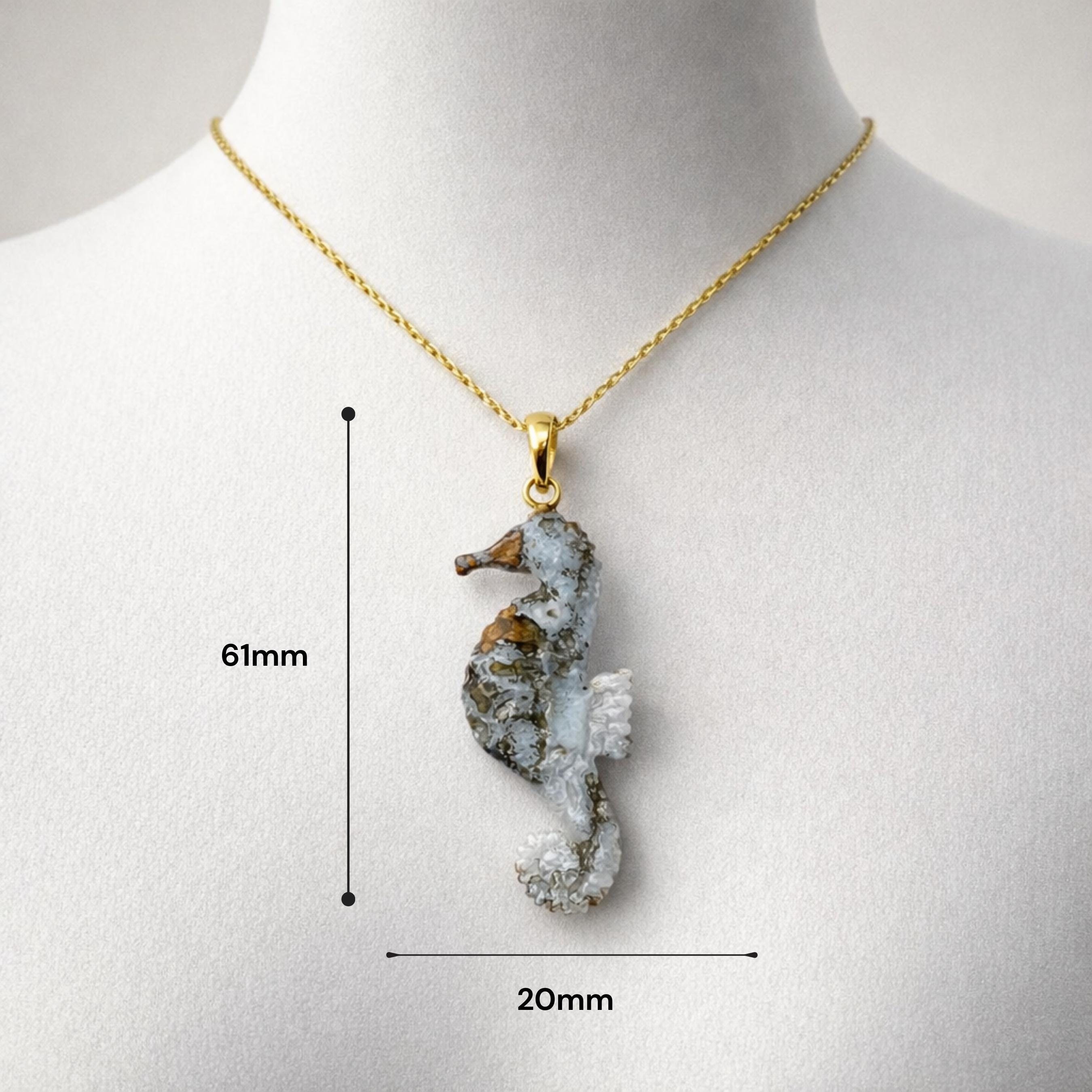 Plume Agate Seahorse Pendant Size Guide – 61mm x 20mm Pale Blue Carved Gemstone Gold Bail Necklace
