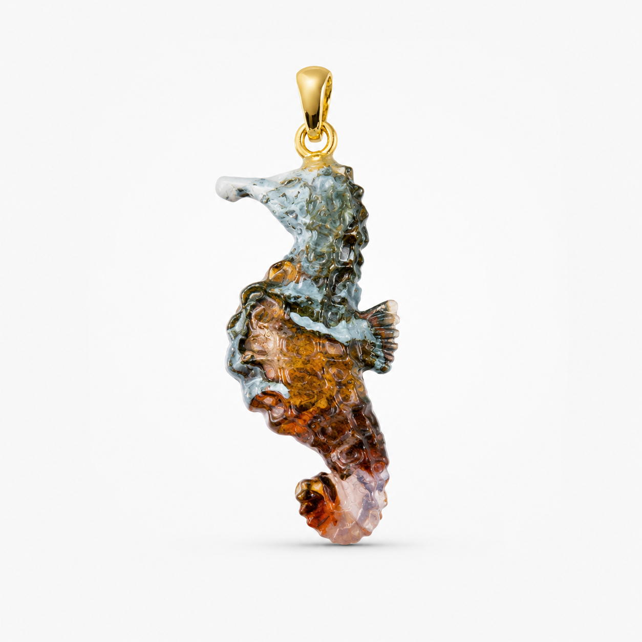 Plume Agate Hand Carved Seahorse Pendant – Multicolor Blue Amber Gemstone Gold Bail Necklace
