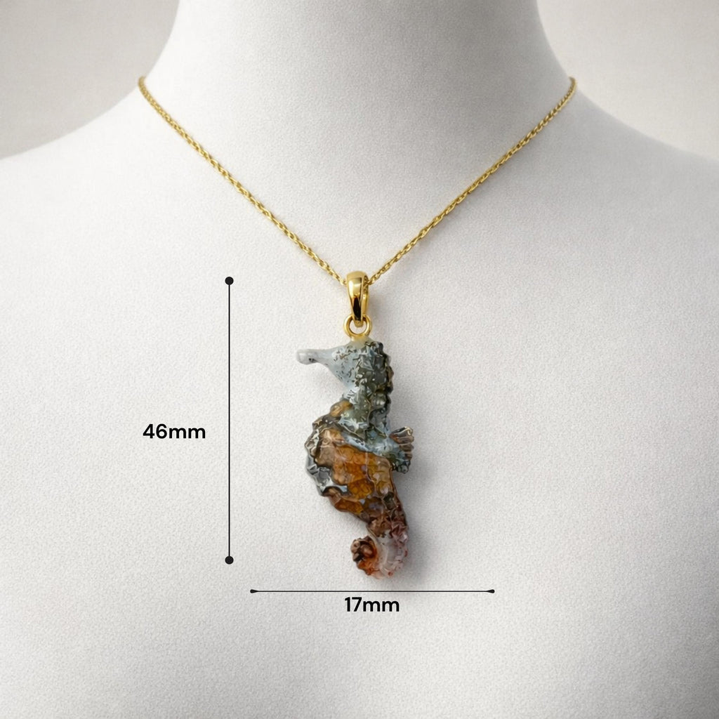 Plume Agate Seahorse Pendant Size Guide – 46mm x 17mm Hand Carved Multicolor Gemstone Gold Bail
