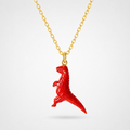 Red Coral Hand Carved T-Rex Dinosaur Pendant on Gold Chain – Vivid Red 3D Gemstone Dino Necklace
