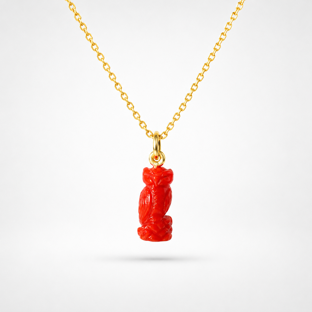 Red Coral Tiny Hand Carved Owl Pendant Charm on Gold Chain – Vivid Red 3D Gemstone Owl Necklace

