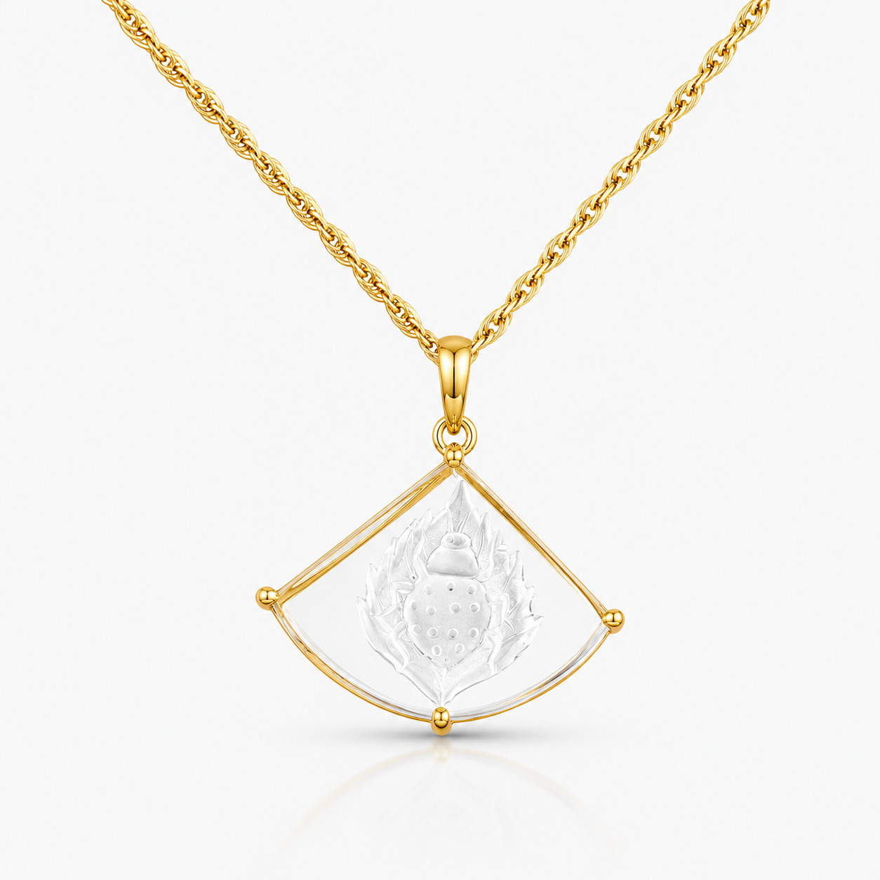 Rock Crystal Ladybug Intaglio Pendant on Gold Chain – Fan-Cut Clear Quartz 4-Prong Gold Bezel Necklace
