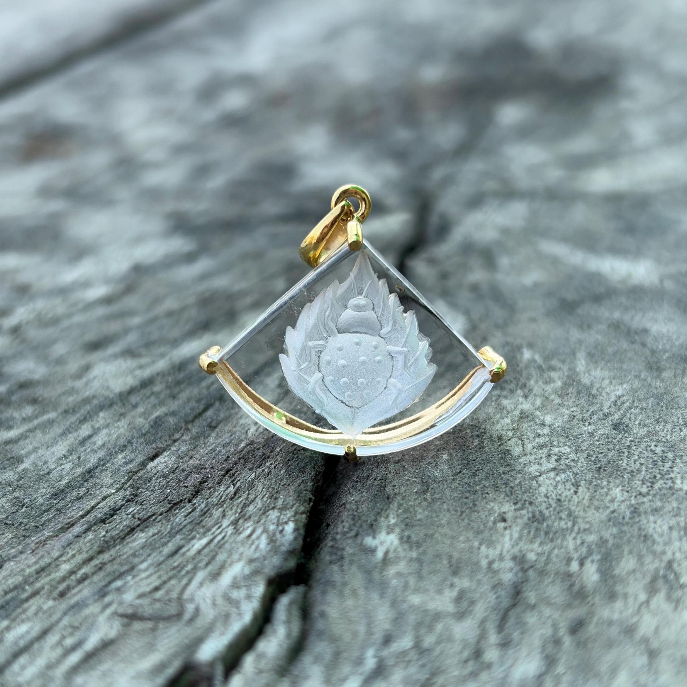 Rock Crystal Bug Intaglio Pendant on Stone – Fan-Cut Clear Quartz Carved Ladybug Gold Prong Bezel
