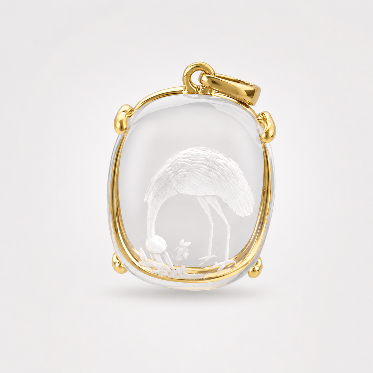 Rock Crystal Flamingo Intaglio Pendant – Cushion Cut Clear Quartz 4-Prong Gold Bezel Carved Pendant
