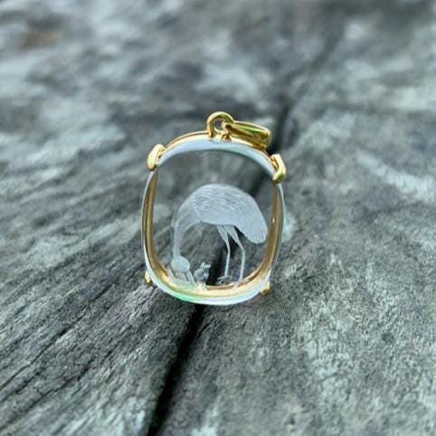 Rock Crystal Flamingo Intaglio Pendant on Wood – Cushion Clear Quartz Carved Flamingo Gold Bezel
