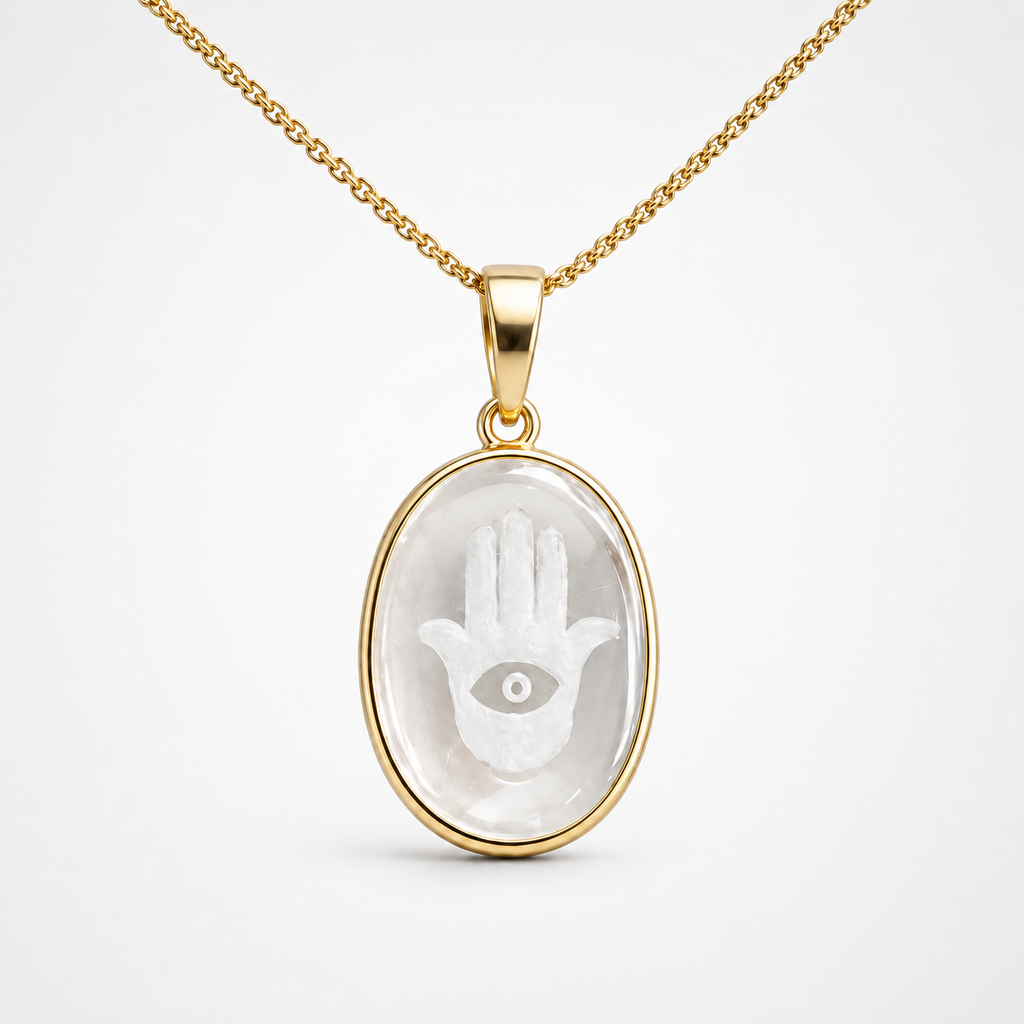 Rock Crystal Hamsa Hand Pendant – Carved Clear Quartz Oval Evil Eye Hamsa Gold Bezel Necklace

