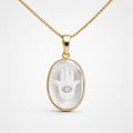 Rock Crystal Hamsa Hand Pendant – Carved Clear Quartz Oval Evil Eye Hamsa Gold Bezel Necklace
