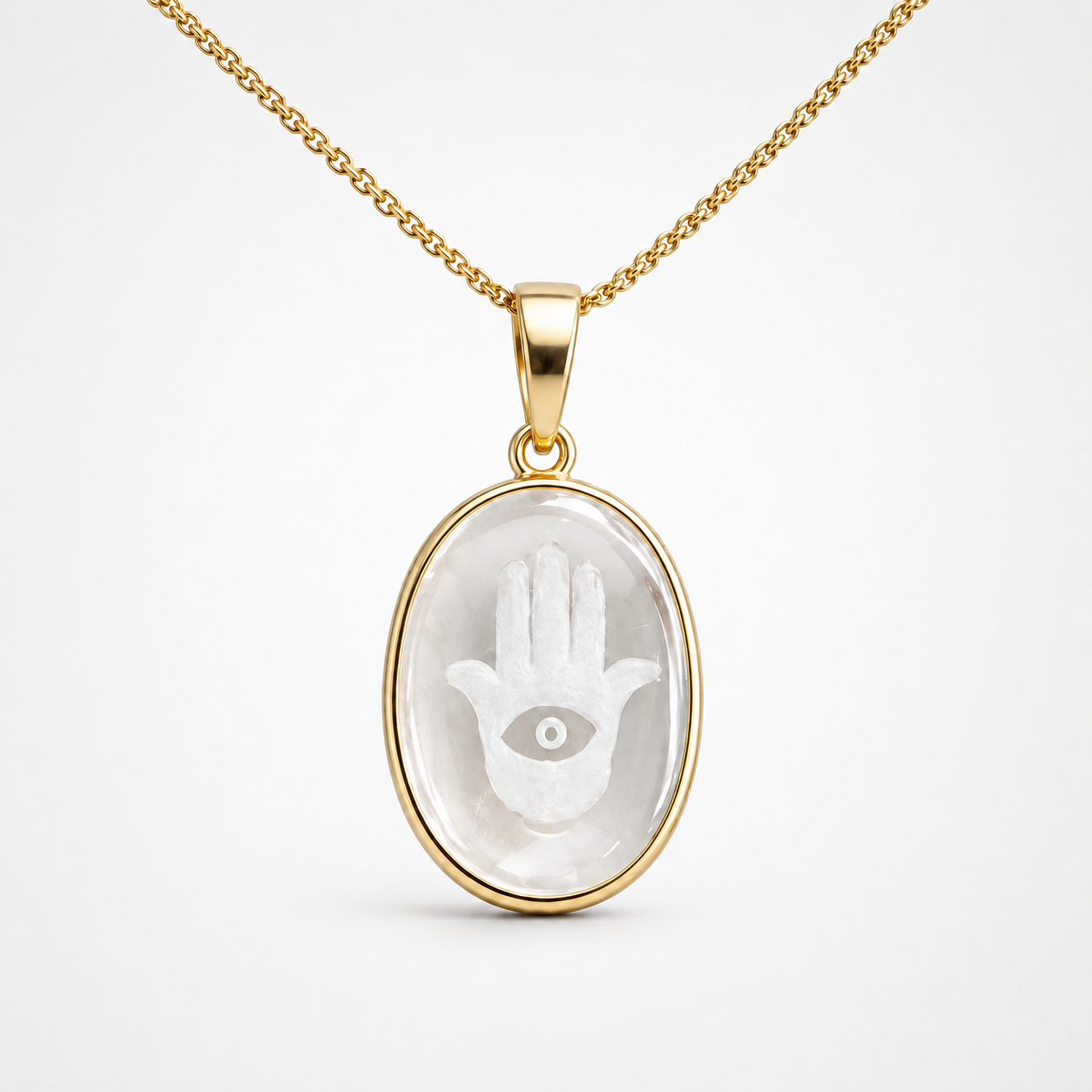 Rock Crystal Hamsa Hand Pendant – Carved Clear Quartz Oval Evil Eye Hamsa Gold Bezel Necklace
