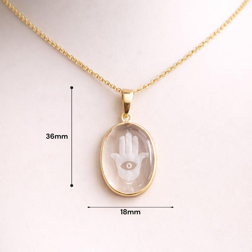 Rock Crystal Hamsa Pendant Size Guide – 36mm x 18mm Carved Clear Quartz Evil Eye Gold Bezel
