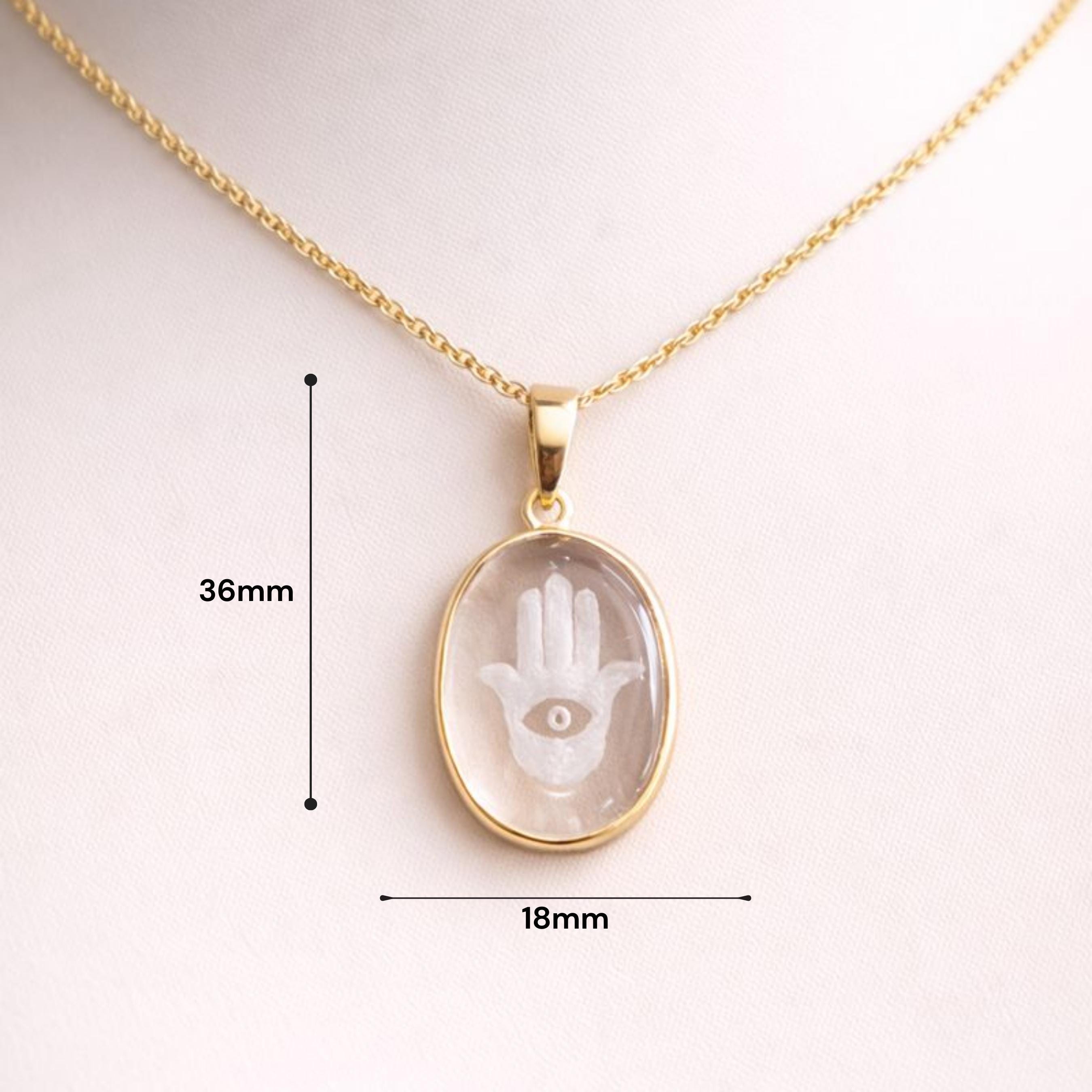Rock Crystal Hamsa Pendant Size Guide – 36mm x 18mm Carved Clear Quartz Evil Eye Gold Bezel
