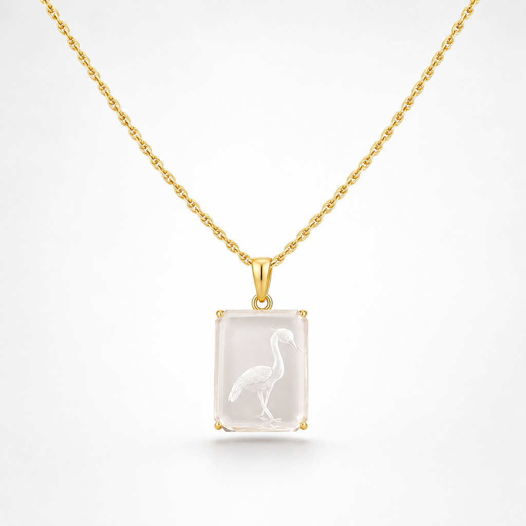 Rock Crystal Heron Intaglio Pendant on Gold Rope Chain – Emerald-Cut Clear Quartz 4-Prong Gold Bezel
