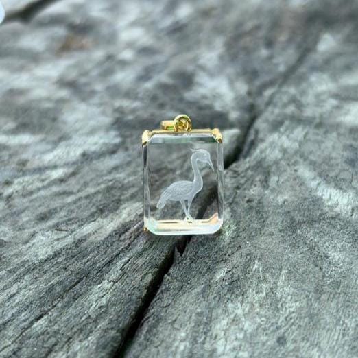 Rock Crystal Heron Intaglio Pendant on Stone – Emerald-Cut Clear Quartz Carved Egret Gold Prong Bezel
