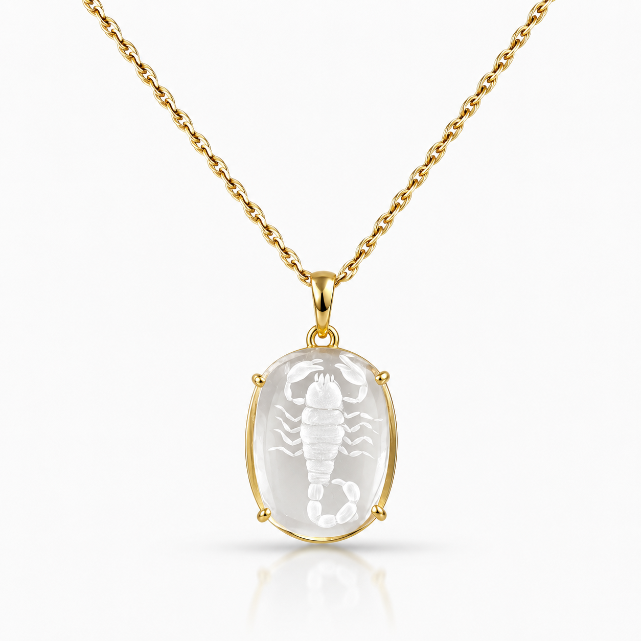 Rock Crystal Scorpion Intaglio Pendant on Gold Chain – Oval Clear Quartz 6-Prong Gold Bezel Necklace

