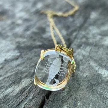 Rock Crystal Scorpion Intaglio Pendant on Stone – Oval Clear Quartz Carved Scorpio Gold Bezel Detail
