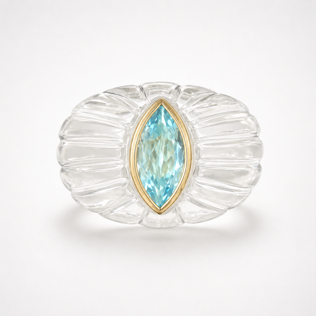 Rock Crystal Ring with Sky Blue Topaz Marquise in 14K Gold Bezel – Fluted Clear Quartz Top View
