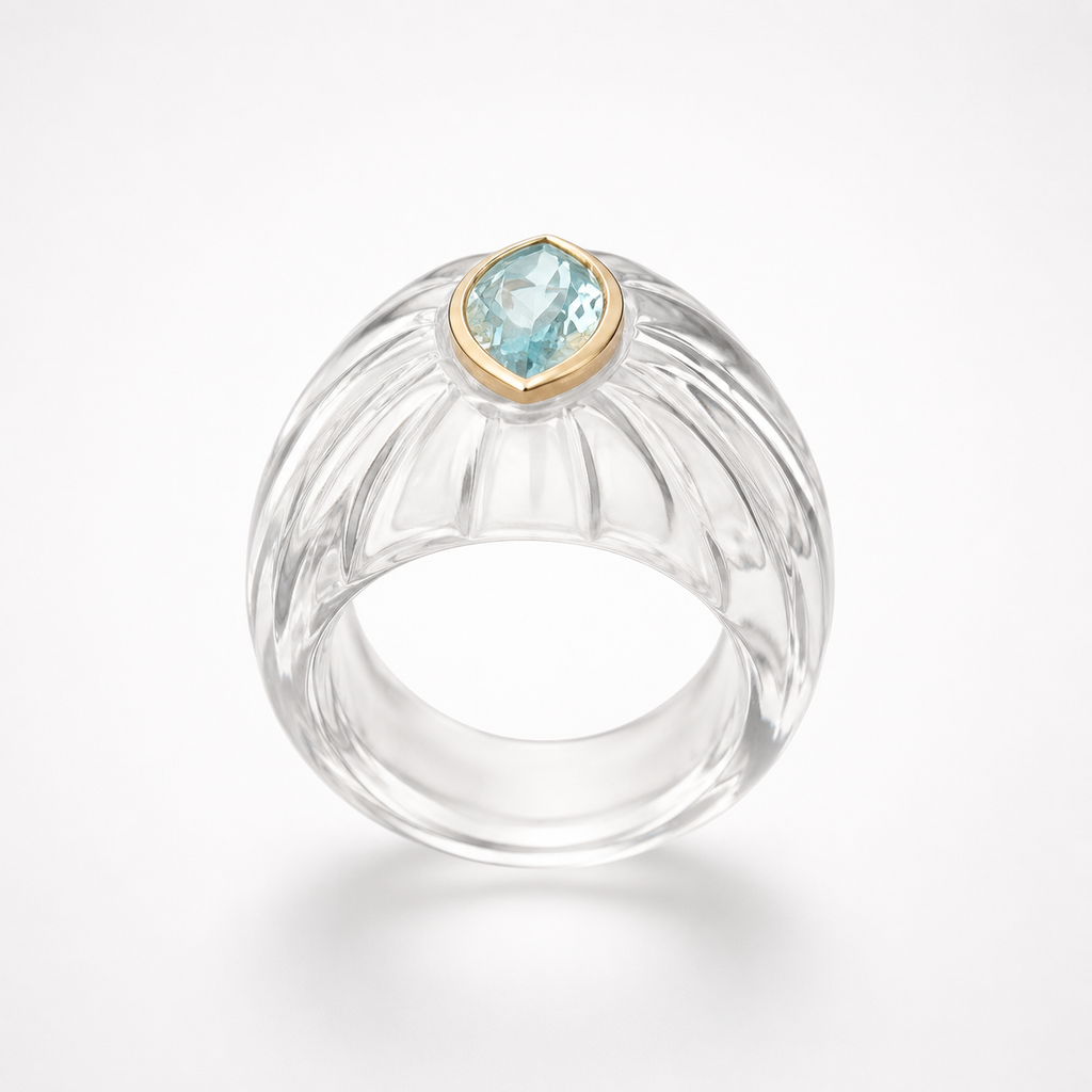 Rock Crystal Ring with Sky Blue Topaz – 14K Gold Bezel Marquise Fluted Quartz Elevated Angle View

