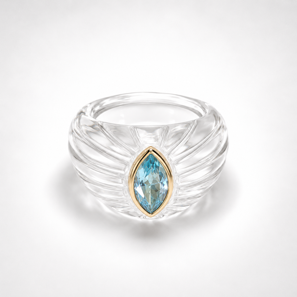 Sky Blue Topaz Marquise Close-Up in 14K Gold Bezel – Rock Crystal Fluted Ring Detail Shot
