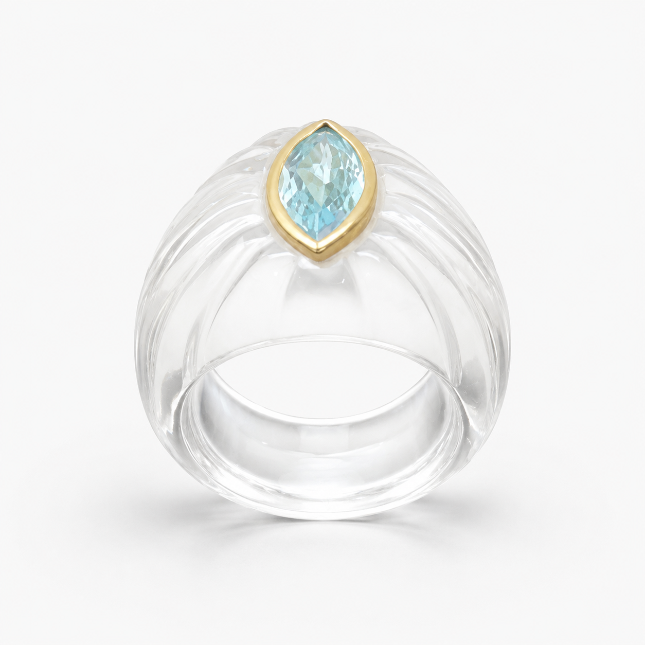Rock Crystal Ring Front View – Sky Blue Topaz Marquise 14K Gold Bezel Fluted Quartz Statement Ring
