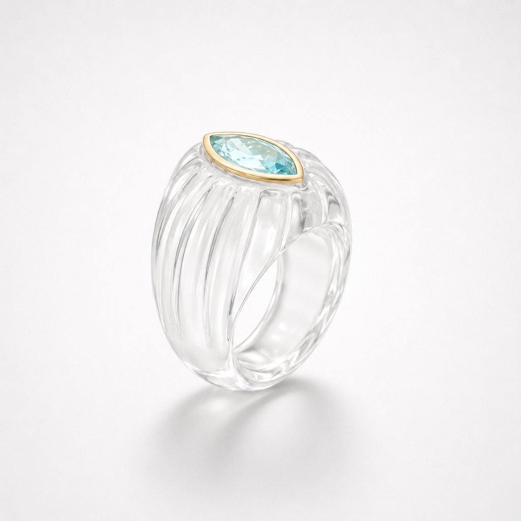 Rock Crystal Fluted Ring Angled View – Sky Blue Topaz 14K Gold Bezel Marquise Gemstone Ring

