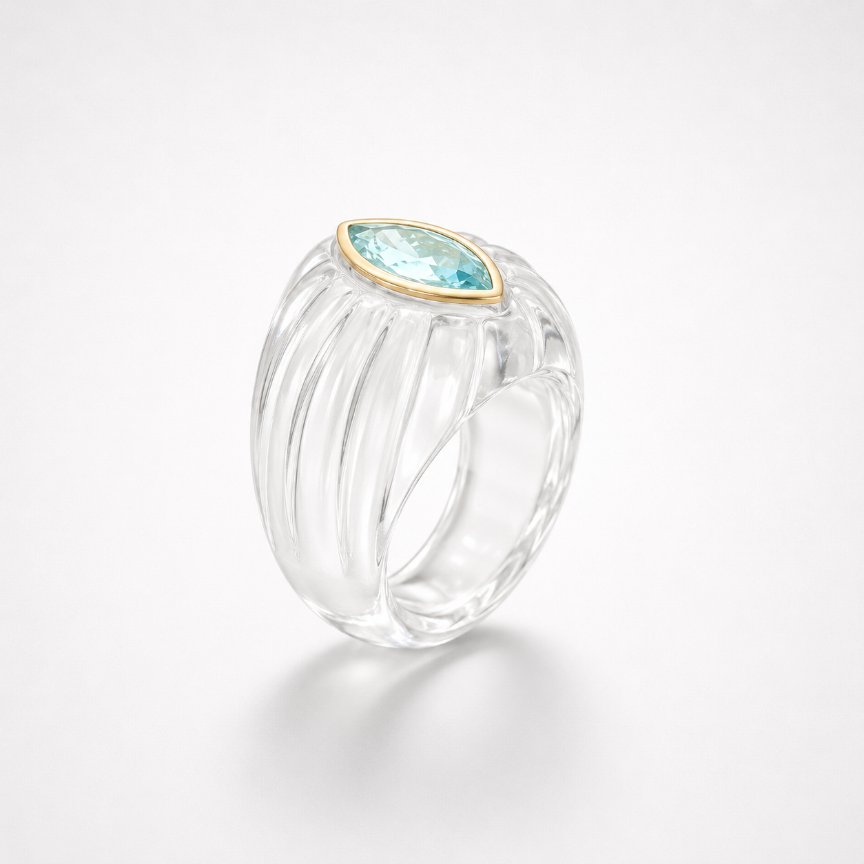 Rock Crystal Fluted Ring Angled View – Sky Blue Topaz 14K Gold Bezel Marquise Gemstone Ring
