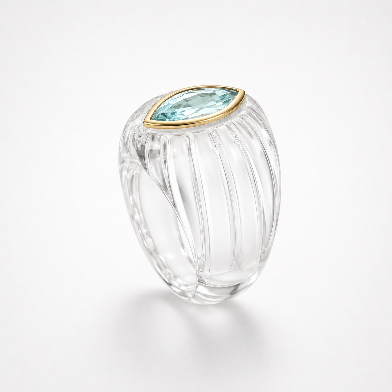 Rock Crystal Ring Side Profile – Tall Fluted Dome with Sky Blue Topaz Marquise 14K Gold Bezel
