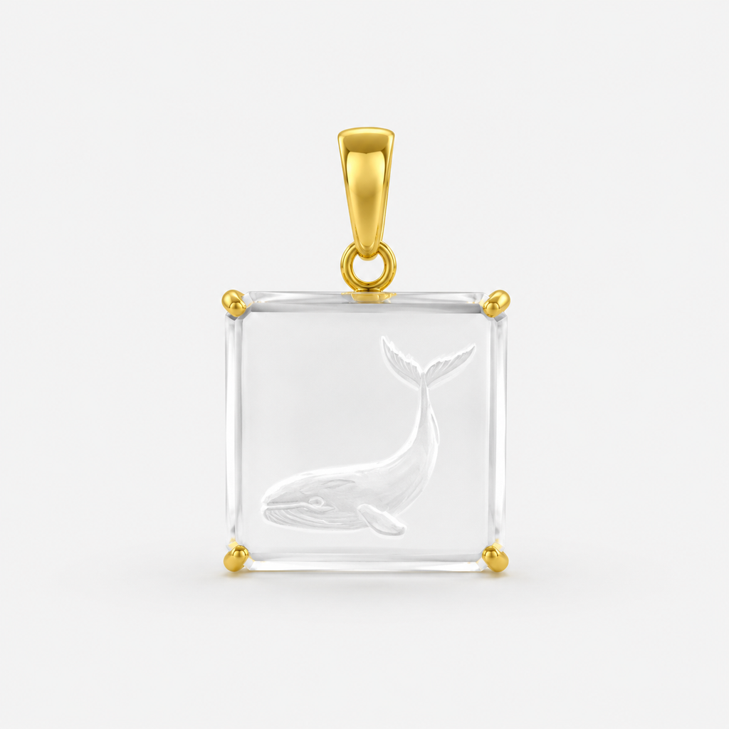 Rock Crystal Whale Intaglio Pendant – Square Emerald-Cut Clear Quartz Carved Humpback Whale Gold Bezel
