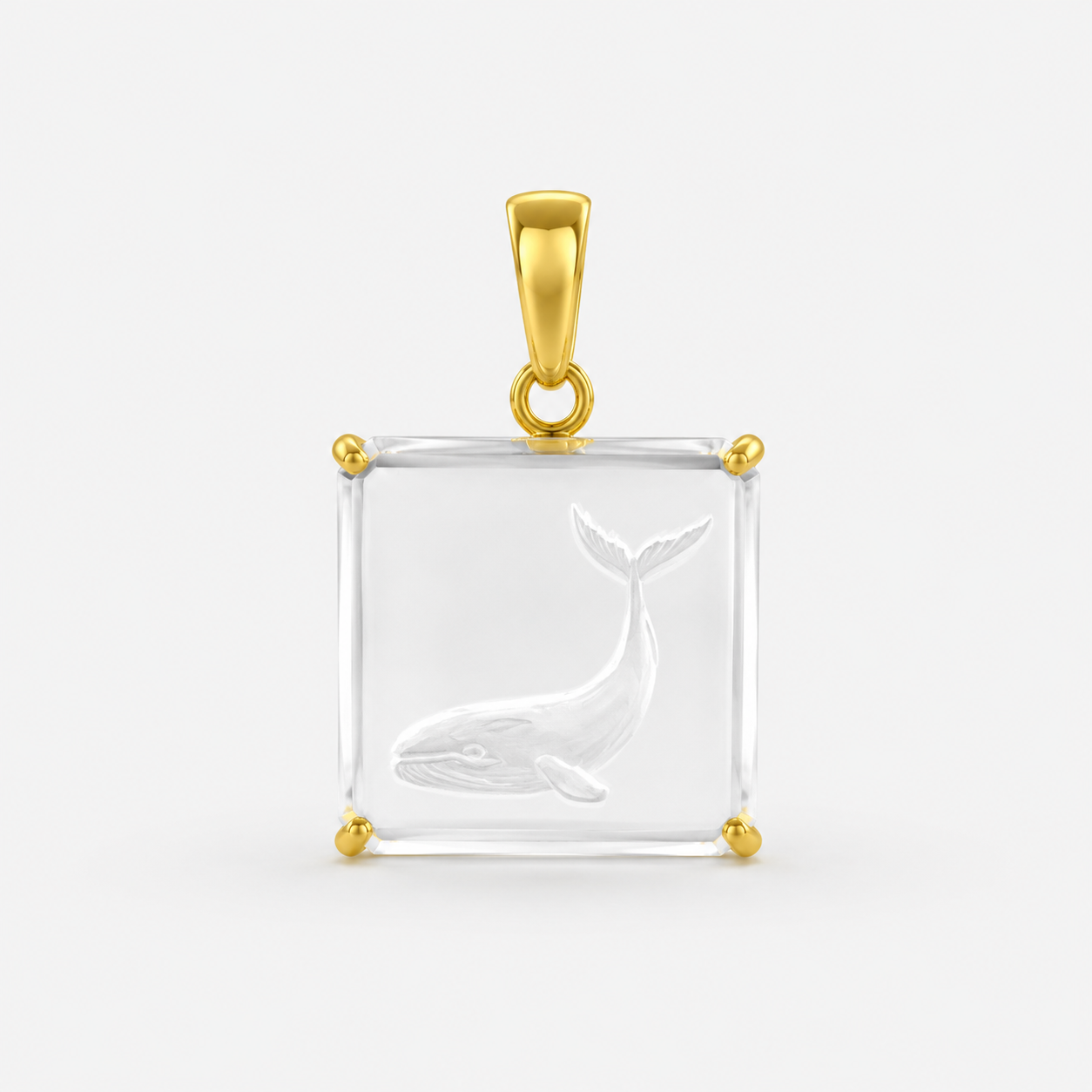 Rock Crystal Whale Intaglio Pendant – Square Emerald-Cut Clear Quartz Carved Humpback Whale Gold Bezel
