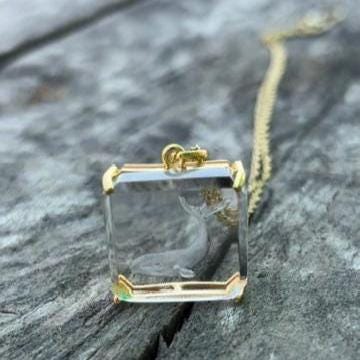 Rock Crystal Whale Intaglio Pendant on Driftwood – Square Clear Quartz Carved Whale Gold Ball Bezel
