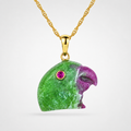 Ruby Zoisite Parrot Pendant on 14K Gold Chain – Carved Gemstone Parrot with Natural Ruby Eye
