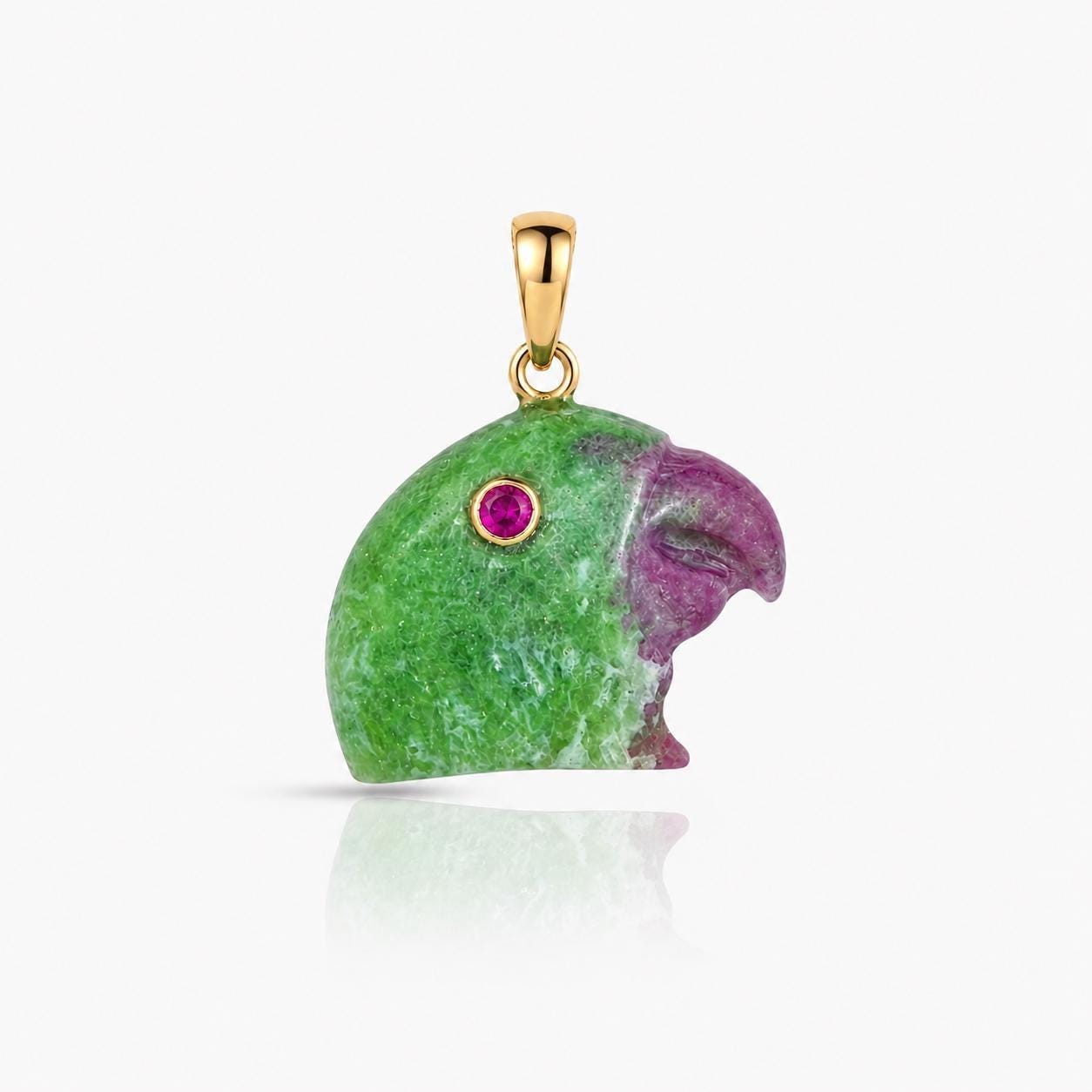 Ruby Zoisite Carved Parrot Pendant – Natural Ruby Eye in 14K Gold Bezel Green Purple Gemstone
