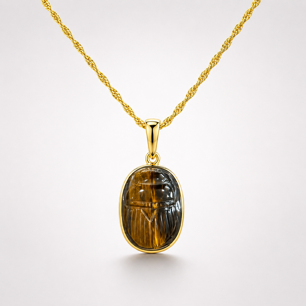 Tiger Eye Carved Scarab Pendant on Gold Rope Chain – Oval Chatoyant Gemstone Egyptian Scarab Bezel
